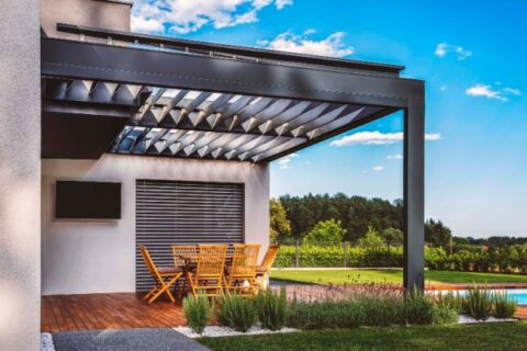 Modern Outdoor House terrace Patio with Pergola and Pool