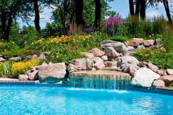 Garden poolside and a waterfall with rocks in VA, DC and MD