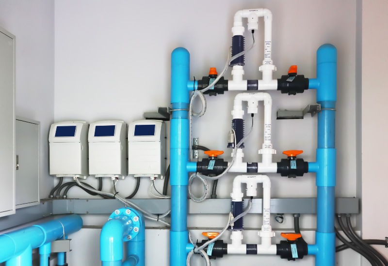 Commercial pool chemical treatment system with pipes, valves & control units in Virginia & Maryland